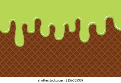 Green ice cream flows down the brown crispy waffle. Delicious dessert background. Flat vector illustration
