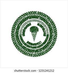 Green ice cream icon inside distress rubber seal with grunge texture