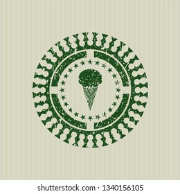 Green ice cream icon inside distress rubber seal