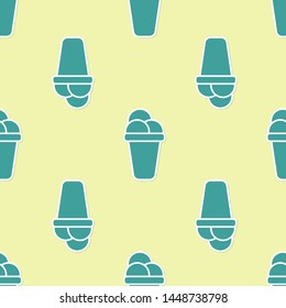 Green Ice cream icon isolated seamless pattern on yellow background. Sweet symbol. Vector Illustration