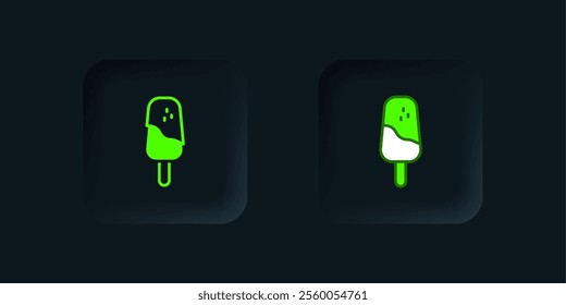 Green Ice cream icon isolated on black background. Sweet symbol. Black square button. Vector