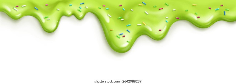 Sorvete verde derreter com polvilhos coloridos pingando para baixo - geladura de cal ou esmalte de pistácio fluindo na superfície branca. Cobertura de arco-íris em sobremesa brilhante para decoração de festa de aniversário ou design de padaria