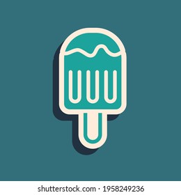 Green Ice cream on stick icon isolated on green background. Sweet symbol. Long shadow style. Vector