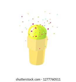 Green ice cream vector cartoon icon illustration. Green ice cream with sprinkles isolated on white. Green tea, mint or almond ice cream vector illustration