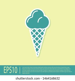 Green Ice cream in waffle cone icon isolated on yellow background. Sweet symbol. Vector Illustration