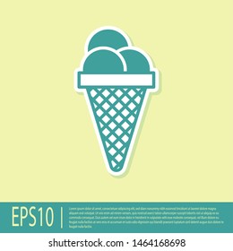 Green Ice cream in waffle cone icon isolated on yellow background. Sweet symbol. Vector Illustration