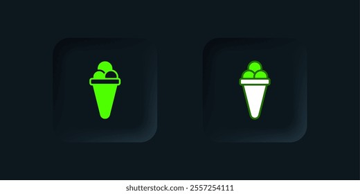 Green Ice cream in waffle cone icon isolated on black background. Sweet symbol. Black square button. Vector