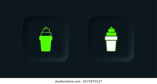 Green Ice cream in waffle cone icon isolated on black background. Sweet symbol. Black square button. Vector