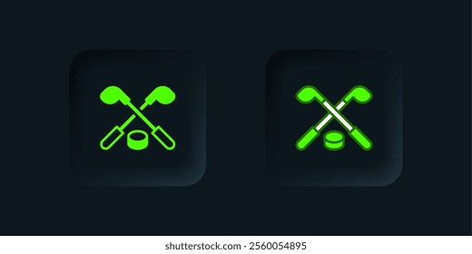 Green Ice hockey sticks and puck icon isolated on black background. Game start. Black square button. Vector