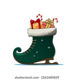 Green Ice Skating Boot of Gifts with Candy Canes Element for Merry Christmas Concept.