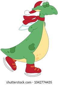 Green ice-skating dragon. Funny cartoon illustration