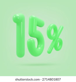 Icono verde, 3d render quince por ciento signo, 15%. Elemento de diseño realista. Ilustración vectorial aislada en verde para postal, iconos, cartel, Anuncio, Web, diseño, artes. Venta del Black Friday