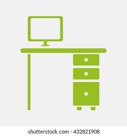 Green icon of Computer Table on Light Gray background. Eps-10.