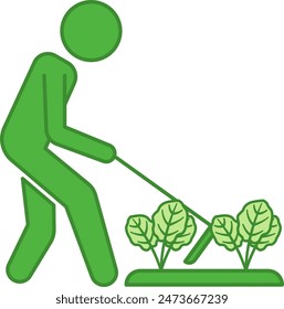 Green Icon Cultivate. Vector Icon of a Man with a Hoe Cultivating a Vegetable Garden. Organic Farming Concept