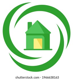 Green icon depicting a house in abstract shapes. Can be used for address designation, localization, website infographics and typography 