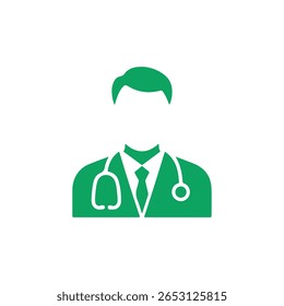 Green icon of a doctor wearing a suit, tie, and stethoscope, representing a medical professional, isolated on a white background. Healthcare and medicine related icon.