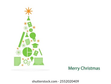 The green icon education of Christmas tree with a yellow star on top isolated on white background. 