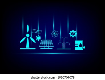 Green Icon Of Energy Resource, Solar Cell, Wind, Fossil Fuel, Sun, Nuclear, Hot Spring On Blue And Black Background. Energy Concept.