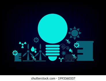 Green Icon Of Energy Resource, Solar Cell, Wind, Fossil Fuel, Sun, Nuclear, Hot Spring On Blue And Black Background. Energy Concept. 