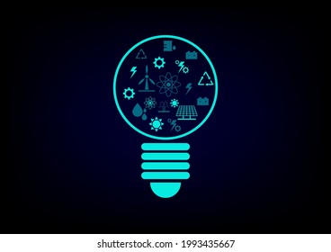 Green Icon Of Energy Resource, Solar Cell, Wind, Fossil Fuel, Sun, Nuclear, Hot Spring On Blue And Black Background. Energy Concept. 