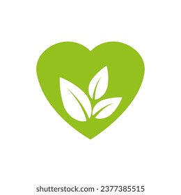 Icono verde con forma de corazón y hojas. Se puede usar para ecología, producto vegano. Logotipo de atención sanitaria a base de hierbas o de cuidados naturales. Ilustración vectorial. EPS 10.