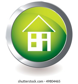 Green icon with house design and silver metal bevel and drop shadow