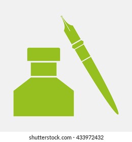 Green icon of Ink Pot & Pen on Light Gray background. Eps-10.