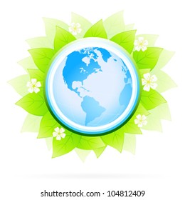 Green Icon with Leaves Flowers and Planet Earth