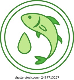 Green Icon of Omega 3 Fatty Acids. Vector Icon. Sea Fish and Drop of Oil. Label for Medicine and Food Packaging