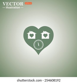 Green icon on a green background. clock, House with Heart Icon, vector illustration, EPS 10