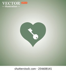 Green icon on a green background. heart and key,  vector illustration, EPS 10