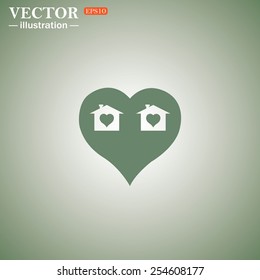 Green icon on a green background. House with Heart Icon, vector illustration, EPS 10