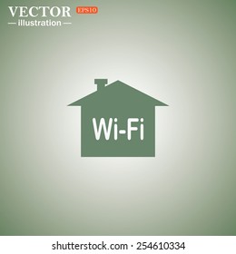 Green icon on a green background. The house is surrounded by a network wi-fi , vector illustration, EPS 10