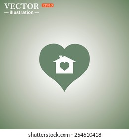 Green icon on a green background. House with Heart Icon, vector illustration, EPS 10