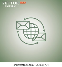 Green icon on a green background. Internet e-mai, envelope lette, Globe,  vector illustration, EPS 10