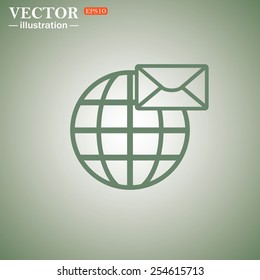 Green icon on a green background. Internet e-mai, envelope lette, Globe,  vector illustration, EPS 10