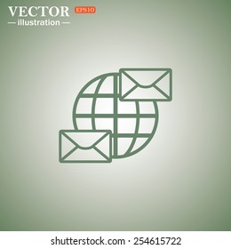 Green icon on a green background. Internet e-mai, envelope lette, Globe,  vector illustration, EPS 10