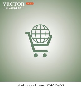 Green icon on a green background. put in shopping cart, Globe, vector illustration, EPS 10