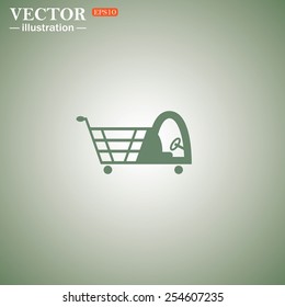 Green icon on a green background. Shopping basket with cabin for children, vector illustration, EPS 10