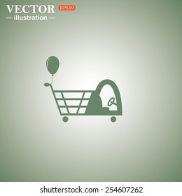 Green icon on a green background. Shopping with a cabin for children and inflatable festive ball. Vector illustration, EPS 10