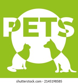 Green icon on the theme of ecology. Images of a cat and a dog on a white background with the inscription PETS. Vector icon, logo, shop sign, environmental ecology. Vector illustration.