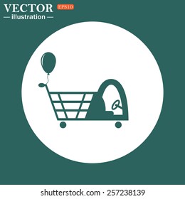 The green icon on a white circle on a green background. Shopping with a cabin for children and inflatable festive ball. Vector illustration, EPS 10