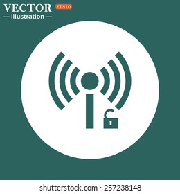 The green icon on a white circle on a green background. Wireless network access is open, unlocked , vector illustration, EPS 10