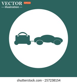 The green icon on a white circle on a green background. trailer, car, suitcase on wheels , vector illustration, EPS 10