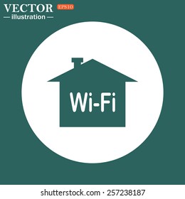 The green icon on a white circle on a green background. The house is surrounded by a network wi-fi , vector illustration, EPS 10