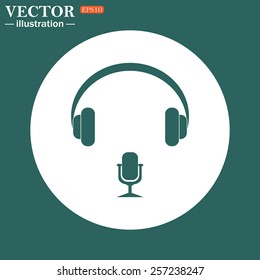 The green icon on a white circle on a green background. Headphones. Musical accessory,   vector illustration, EPS 10