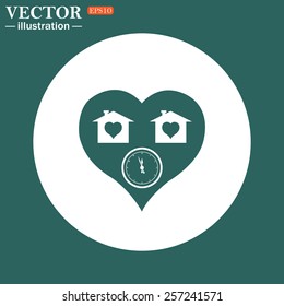The green icon on a white circle on a green background. clock, House with Heart Icon, vector illustration, EPS 10