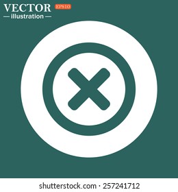 The green icon on a white circle on a green background. Delete icon. Cross sign in circle - can be used as symbols of wrong, close, deny etc. Vector illustration, EPS 10