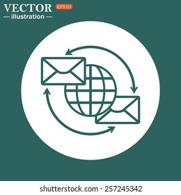 The green icon on a white circle on a green background. Internet e-mai, envelope lette, Globe,  vector illustration, EPS 10