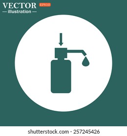 The green icon on a white circle on a green background. Shower Gel, Liquid Soap, Lotion, Cream, Shampoo, Bath Foam. , vector illustration, EPS 10